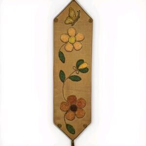 Vintage Handmade Burlap Wall Hanging Carpet Butterfly Flowers Retro Groovy